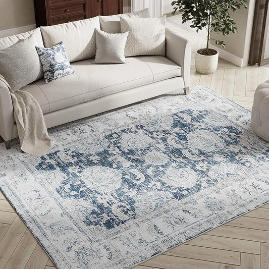 jinchan 4x6 Area Rugs for Bedroom - Machine Washable Distressed Vintage Floral Design Stain Resistant Boho Carpet Ultra-Thin Low Pile Non-Slip Rug for Living Room Dining Room Kitchen (4‘x6',Dark Blue)-CubbioJoy