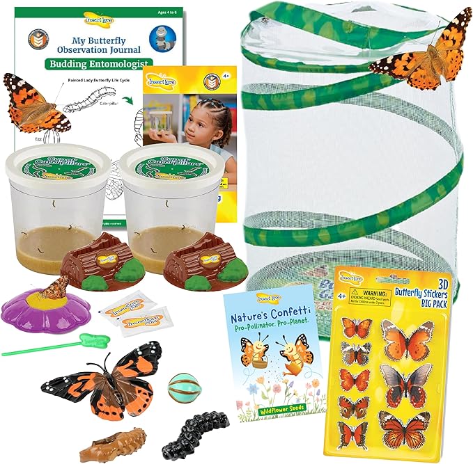 Insect Lore Butterfly Garden Kit with Live Caterpillars – Grow 10 Painted Lady Butterflies - STEM Learning Activity, Habitat with Journal, Stickers, Seeds & Figurines - As Seen on TV-CubbioJoy