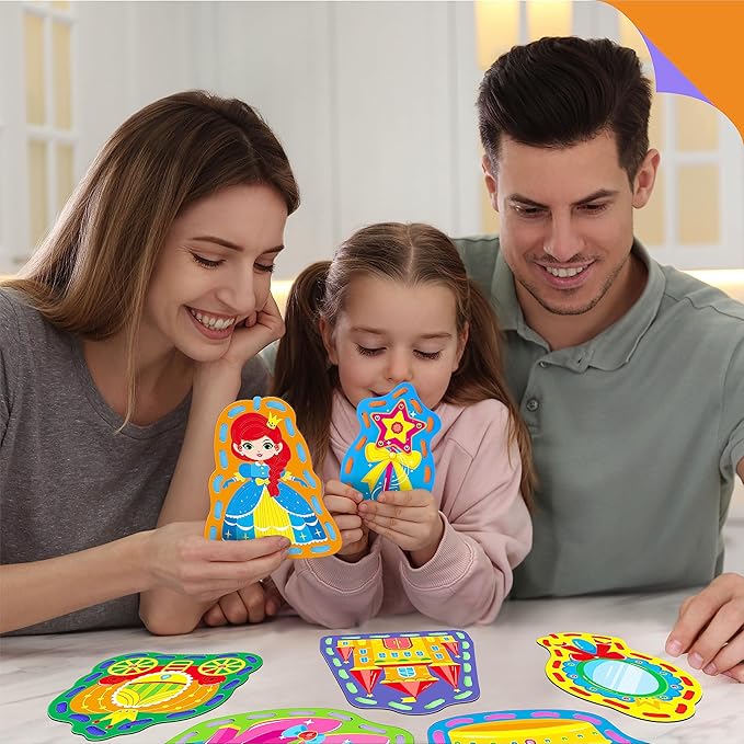 9 Pieces Kids Lacing Cards, Double Sided Sewing Cards in 9 Princess Theme Cards with 9 Colorful Laces, Imagination Development Lacing Toys Games for Children Educational and Learning Activity-CubbioJoy
