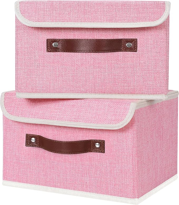 ANMINY 4PCS Storage Bins with Lid PU Leather Handles Storage Boxes PP Plastic Board Decorative Foldable Lidded Cotton Linen Fabric Home Cubes Baskets Closet Organizer Containers - Pink, Small Size-CubbioJoy