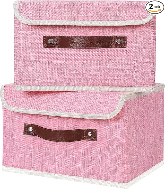 ANMINY 2PCS Storage Bins with Lid PU Leather Handles Storage Boxes PP Plastic Board Decorative Foldable Lidded Cotton Linen Fabric Home Cubes Baskets Closet Organizer Containers - Pink, Small Size-CubbioJoy