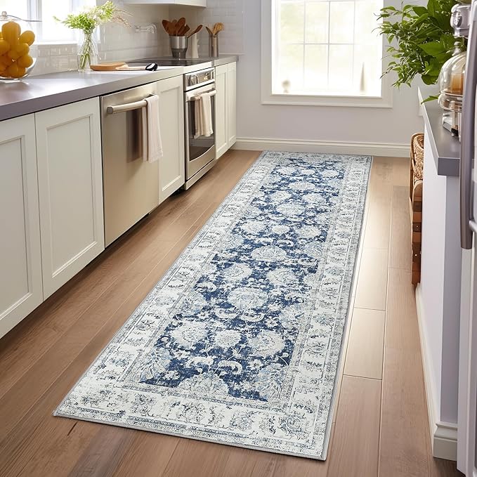 jinchan Hallway Runner Rug 3x8 Washable Runner - Vintage Floral Non Slip Low-Pile Soft Thin Faux Wool Kitchen Rug Distressed Carpet for Farmhouse Bedroom Laundry Room(3x8ft,Dark Blue)-CubbioJoy