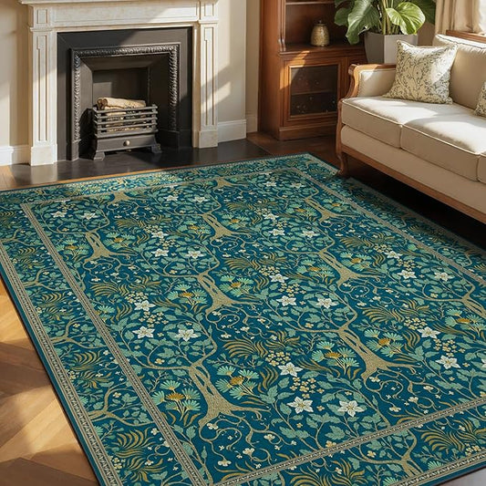 Joydeco Washable Large Area Rug 8x10, Boho Floral Rugs for Living Room Non Slip, Soft Low-Pile Botanical Forest Indoor Floor Throw Carpet for Dining Home Office Playroom, Dark Blue-CubbioJoy