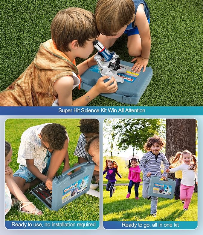 58-Piece Kids Microscope Kit - 100X-1200X Magnification, Metal Body, LED Light, Carrying Box - Science Experiment Toy for Kids Ages 5-12-CubbioJoy