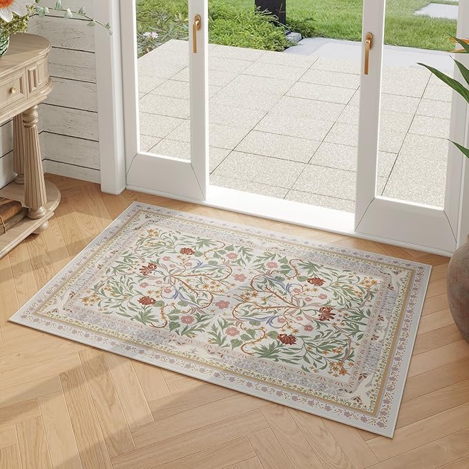 Door Mat Indoor Entrance 2x3 Rug Machine Washable Vintage Floral Botanical Small Area Rug Non-Slip Low Pile Throw Rugs for Entryway, Kitchen, Front Door Entrance, Entry, Kids Room, Beige-CubbioJoy