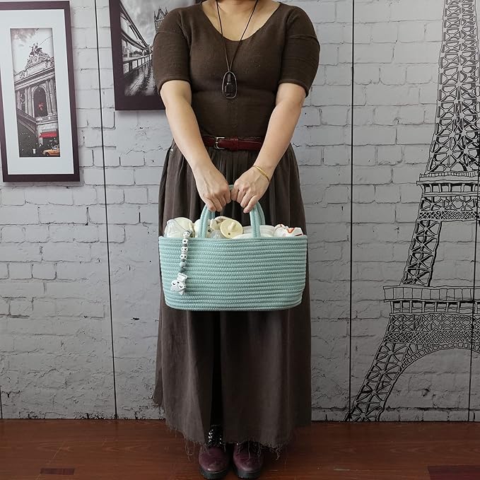 Diaper Caddy Organizer for Baby Cotton Rope Nursery Storage Bin Basket Portable Holder Tote Bag for Changing Table Car Travel Baby Shower Gifts Newborn Essentials Registry Must Haves Light Green-CubbioJoy