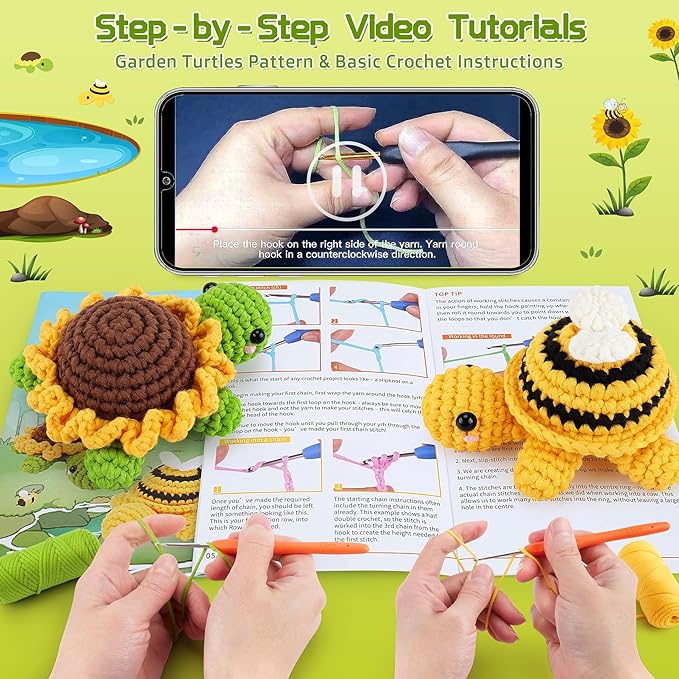Crochet Kit for Beginners, Crochet Animal Kit with Step-by-Step Video Tutorials, 2PCS Bee and Sunflower Turtles Crocheting Kit for Adults Kids, Easy Yarn for Starter, Stuffed Animal Knitting Kit-CubbioJoy