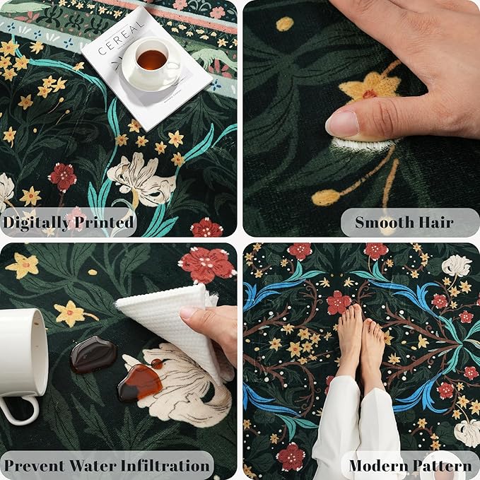 Door Mat Indoor Entrance 2x3 Rug Machine Washable Vintage Floral Botanical Small Area Rug Non-Slip Low Pile Throw Rugs for Entryway, Kitchen, Front Door Entrance, Entry, Kids Room, Green-CubbioJoy