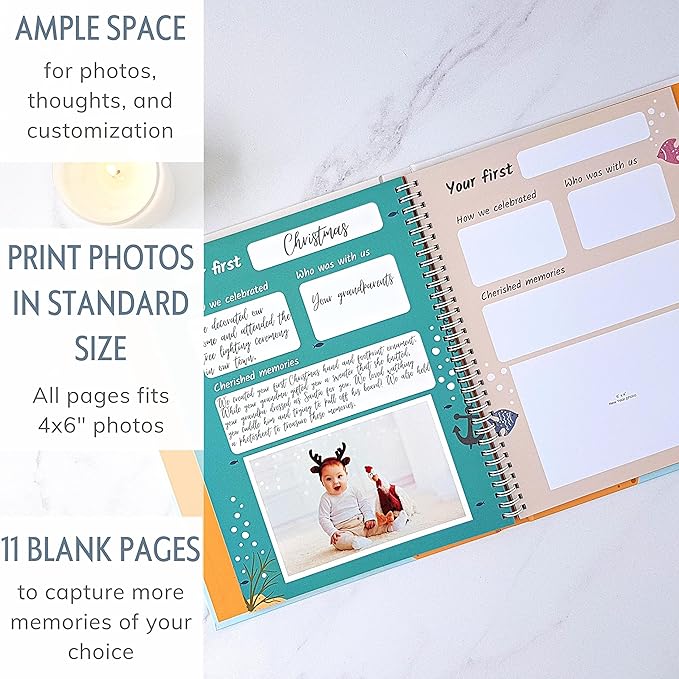 Baby Memory Book for Girl or Boy - First Year Unisex Ocean Keepsake to Log Newborn 1st Milestone - Gender Neutral Sea Photo Album Dairy - Nautical Themed Stuff Journal - Elegant New Parents Baby Gifts-CubbioJoy