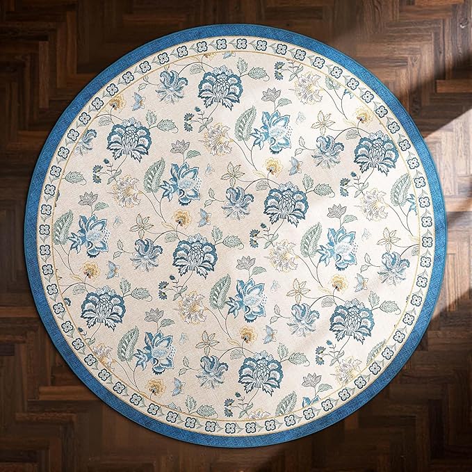 jinchan 4ft Floral Round Rug for Entryway Washable Kitchen Rug Vintage Romance Design Non Slip Indoor Doormat Lightweight Low-Profile Throw Carpet for Living Room Dining Room Bedroom, Blue/Beige-CubbioJoy