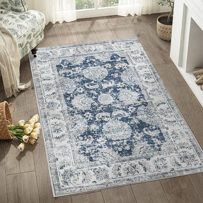 jinchan Floral 3x5 Area Rugs for Entryway - Machine Washable Taupe Vintage Distressed Design Doormat Non-Slip Ultra-Thin Low Pile Boho Rug for Kitchen Living Room Bedroom Farmhouse (3‘x5',Dark Blue)-CubbioJoy