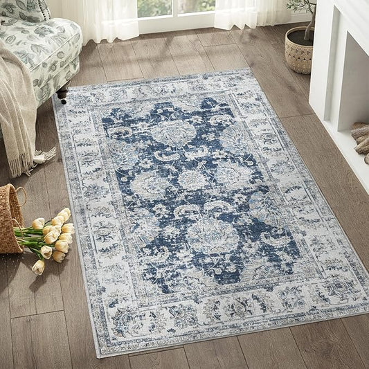 jinchan Floral 3x5 Area Rugs for Entryway - Machine Washable Taupe Vintage Distressed Design Doormat Non-Slip Ultra-Thin Low Pile Boho Rug for Kitchen Living Room Bedroom Farmhouse (3‘x5',Dark Blue)-CubbioJoy