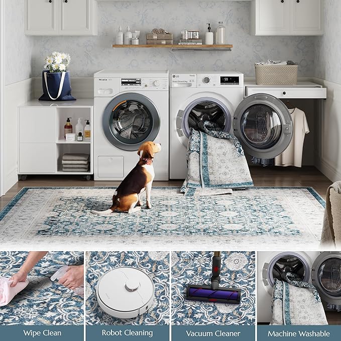 jinchan Runner Rug 2x7 - Machine Washable Dark Blue Vintage Floral Distressed Design Soft Non-Slip Low-Pile Ultra-Thin Runner Rug for Kitchen Hallway Laundry Room Entryway Farmhouse (2‘x7',Dark Blue)-CubbioJoy