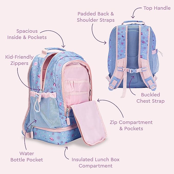 Bentgo Kids 2-in-1 Backpack & Insulated Lunch Bag - Durable 16” Backpack & Lunch Container in Unique Prints for School & Travel - Water Resistant, Padded & Large Compartments (Lavender Galaxy)-CubbioJoy