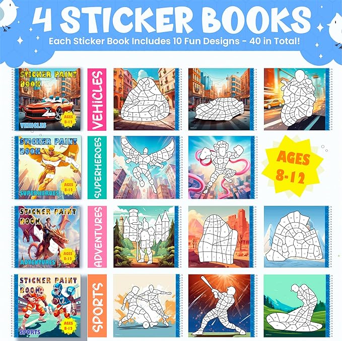 BulbaCraft 4Pcs Sticker Paint Books for Boys - Sticker Books by Number with Superheroes, Sports, Vehicles and Adventures - Coloring Activity for Kids-CubbioJoy