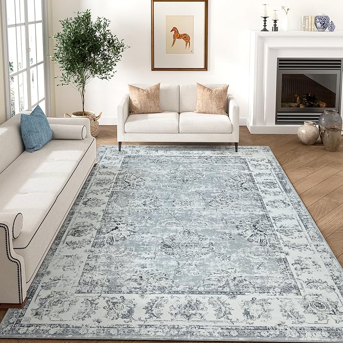 jinchan Washable Area Rug 8x10 for Living Room Soft Faux Wool Ultra-Thin Stain Resistant Non-Slip Distressed Vintage Floral Large Carpet for Bedroom,Dining Room,Home Office,Nursery(Grey, 8'x10')-CubbioJoy