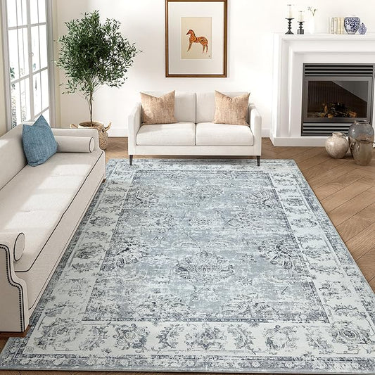 jinchan Washable Area Rug 8x10 for Living Room Soft Faux Wool Ultra-Thin Stain Resistant Non-Slip Distressed Vintage Floral Large Carpet for Bedroom,Dining Room,Home Office,Nursery(Grey, 8'x10')-CubbioJoy
