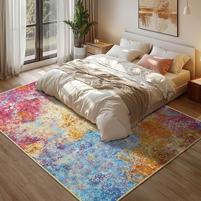 Kelarea Living Room Rug, 5x7 Modern Abstract Washable Rugs, Colorful Non Slip Low Pile Carpet, Stain Resistant Rugs for Bedroom, Dining Room, Nursery, Home Office-CubbioJoy