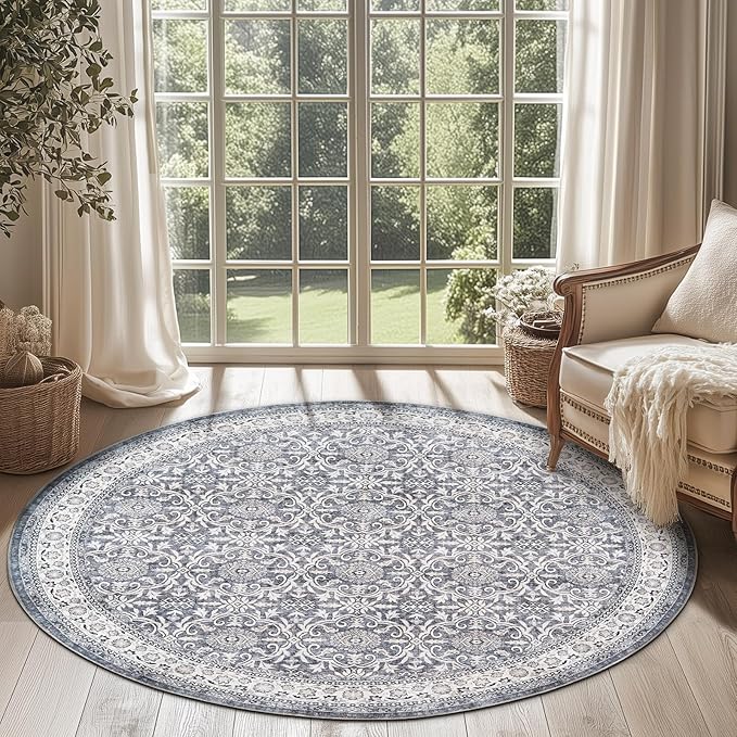 jinchan Round Rug 6ft Washable Circle Soft Rug - Low Pile Vintage 6'Round Indoor Grey Floral Print Stain Resistant Boho Carpet Ultra-Thin Non-Slip for Living Room Nursery Bedroom Dining Room Kitchen-CubbioJoy