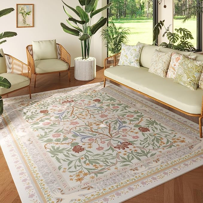 5x7 Washable Rug Vintage Floral Botanical Area Rug Non Slip Low Pile Large Rugs for Living Room, Bedroom, Farmhouse, Dining Room, Kids Playroom, Beige-CubbioJoy