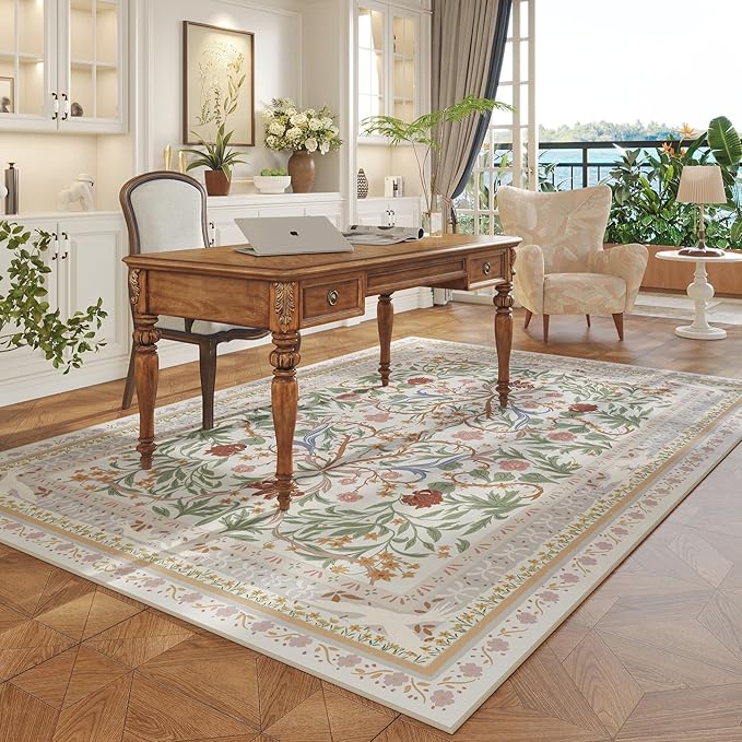 Area Rugs 8x10 for Living Room Clearance Washable Vintage Floral Botanical Rug Non Slip Low Pile Large Rug for Bedroom, Farmhouse, Dining Room, Kids Playroom, Beige-CubbioJoy