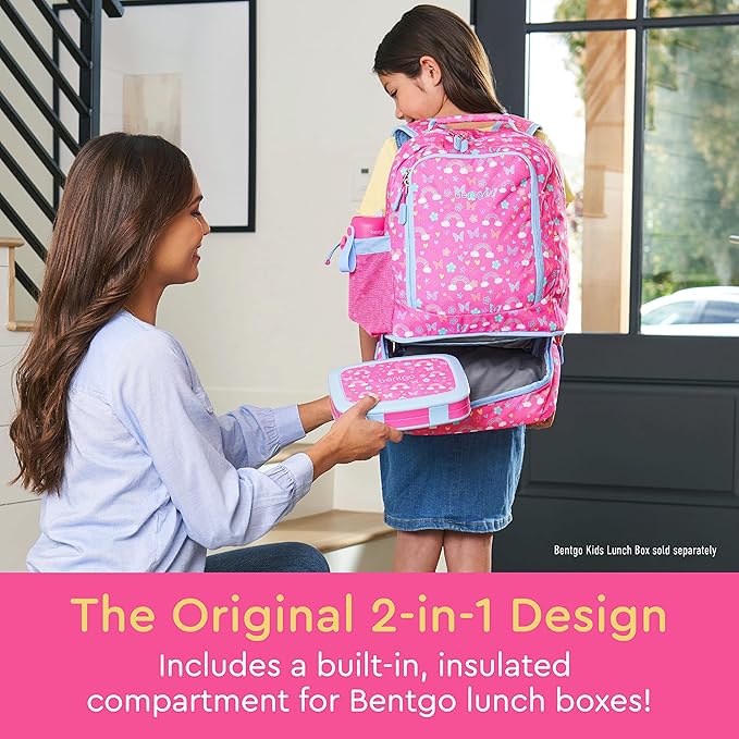 Bentgo Kids 2-in-1 Backpack & Insulated Lunch Bag - Durable 16” Backpack & Lunch Container in Unique Prints for School & Travel - Water Resistant, Padded & Large Compartments (Rainbows & Butterflies)-CubbioJoy