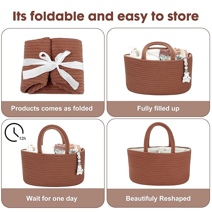 Baby Diaper Caddy Organizer for Girl Boy Cotton Rope Nursery Storage Bin Basket Portable Holder Tote Bag for Changing Table Car Travel Baby Shower Gifts Newborn Essentials Registry Must Have Rust-CubbioJoy