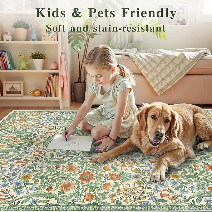 2x6 Washable Runner Rug,Grass Green Floral Boho Area Rug for Hallway,Low-Pile Non-Slip Stain Resistant Carpet for Kitchen, Bedside,Laundry Room,Entryway-CubbioJoy