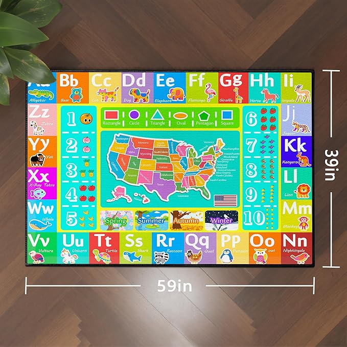 ABC Rug for Kids Playroom, 59"x39" Washable Classroom Area Rugs, Educational Learning Mat with Alphabet Numbers Animals Seasons Shapes for Classroom Preschool Playroom-CubbioJoy