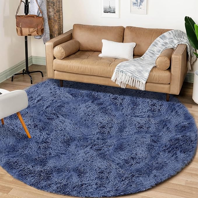 4FT Round Rug for Bedroom: Fluffy Shag Soft Washable Rugs Circle Small Fuzzy Plush Indoor Carpet for Living Room Nursery Playroom Dorm Kids Girls Boys Room (Navy Blue, 4'x4')-CubbioJoy