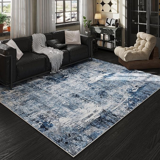 6x9 Rug Washable Bedroom Rug Large Boho Rug Soft Area Rug Abstract Pattern Non-Slip Non-Shedding Faux Wool Vintage Rug for Living Room, Farmhouse, Dining Room, Kids Playroom, Blue-CubbioJoy