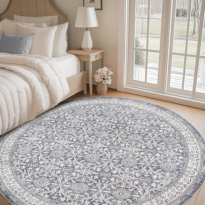 jinchan Round Rug 7ft Washable Circle Soft Rug - Low Pile Vintage 7'Round Indoor Grey Floral Print Stain Resistant Boho Carpet Ultra-Thin Non-Slip for Living Room Bedroom Dining Room Kitchen-CubbioJoy