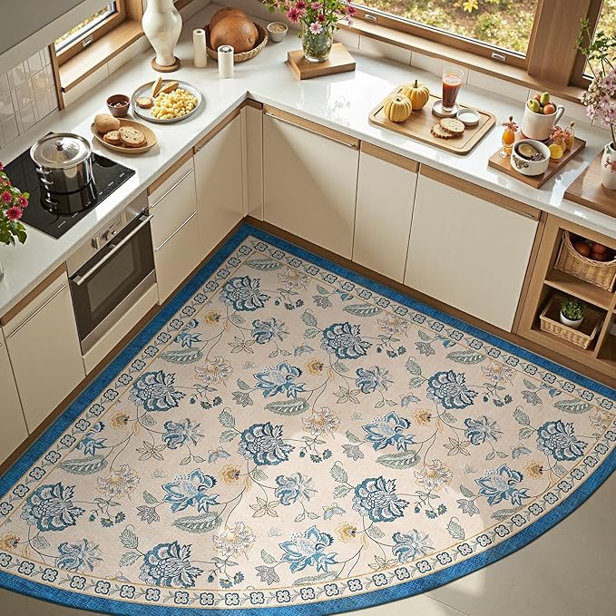 jinchan Floral Corner Rug for Living Room Washable Bedroom Rug Vintage Romance Design Non Slip Quarter Circle Lightweight Low-Pile Throw Carpet for Reading Nook Playroom,6ft Radius, Blue/Beige-CubbioJoy