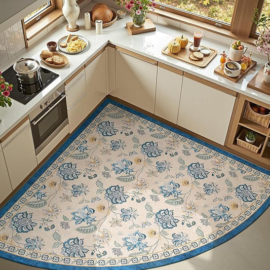 jinchan Floral Corner Rug for Living Room Washable Bedroom Rug Vintage Romance Design Non Slip Quarter Circle Lightweight Low-Pile Throw Carpet for Reading Nook Playroom,6ft Radius, Blue/Beige-CubbioJoy