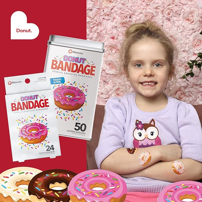 BioSwiss Bandages, Donut Shaped Self Adhesive Bandage, Latex Free Sterile Wound Care, Fun First Aid Kit Supplies for Kids, 50 Count-CubbioJoy