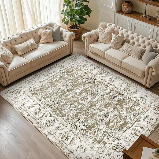 jinchan 6x9 Area Rugs for Living Room - Machine Washable Vintage Floral Distressed Design Stain Resistant Boho Carpet Ultra-Thin Low Pile Non-Slip Rug for Bedroom Dining Room Home Office (6‘x9',Taupe)-CubbioJoy