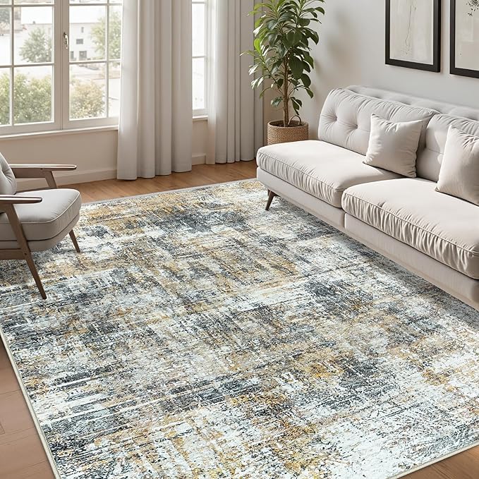 Area Rug Living Room Rugs: 5x7 Abstract Washable Rugs Ultra Soft Carpets with Non-Slip Backing Stain Resistant Carpet for Dining Room Table Bedroom Nursery Indoor Home Office Brown/Gray-CubbioJoy