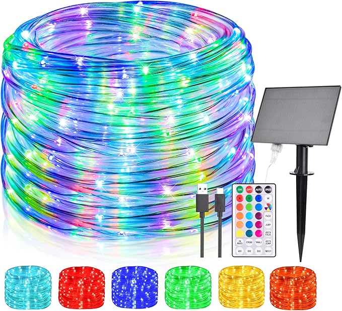 66FT Solar Rope Lights Outdoor Waterproof, 18 Colors Changing 200 LED String Light USB & Solar Powered with Remote, Tube Light Fairy Lighting for Outside Patio Fence Pool Christmas Decor-CubbioJoy