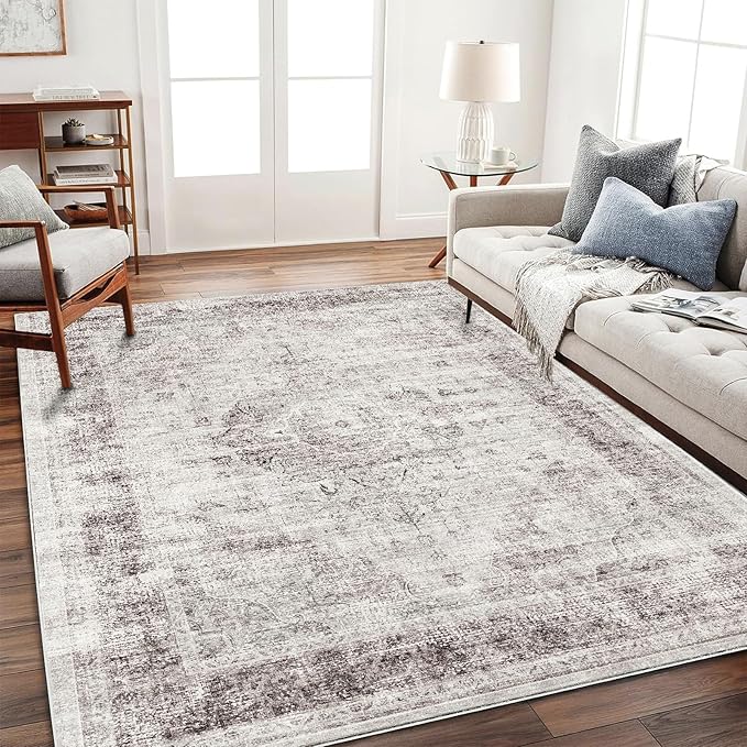 Area Rug 6'x9' Washable Floral red Vintage Traditional Floor Cover Thin Retro Kitchen Indoor Distressed Non Slip Carpet for Living Room Bedroom Dining Room-CubbioJoy