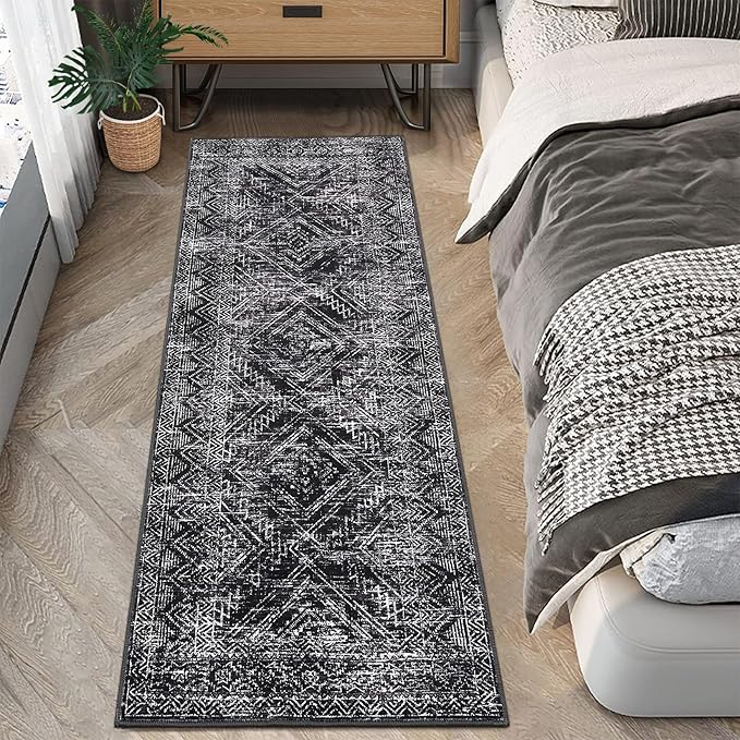 COZYLOOM Rug Runners 2x6 Washable Rugs for Bedroom Hallway Dining Room Living Room, Vintage Rug Non Slip Area Rug Geometric Soft Throw Rugs Low Pile Stain Resistant Carpet, Black-CubbioJoy