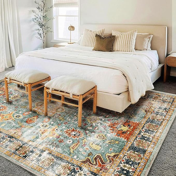 Area Rug 9'x12' Washable Vintage Traditional Mat Distressed Indoor Foldable Thin Retro Accent Floral Print Non Slip Carpet for Living Room Dining Room Office-CubbioJoy