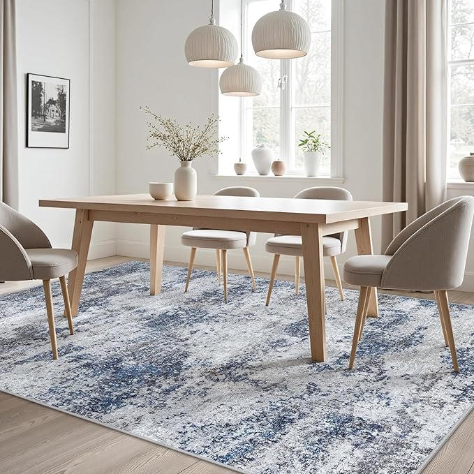 Area Rugs 8x10 Living Room Rugs: Modern Abstract Washable Rug with Non-Slip Backing, Stain Resistant Indoor Floor Large Carpet for Bedroom Dining Room Table Nursery Hallway Home Office Blue/Gray/Black-CubbioJoy