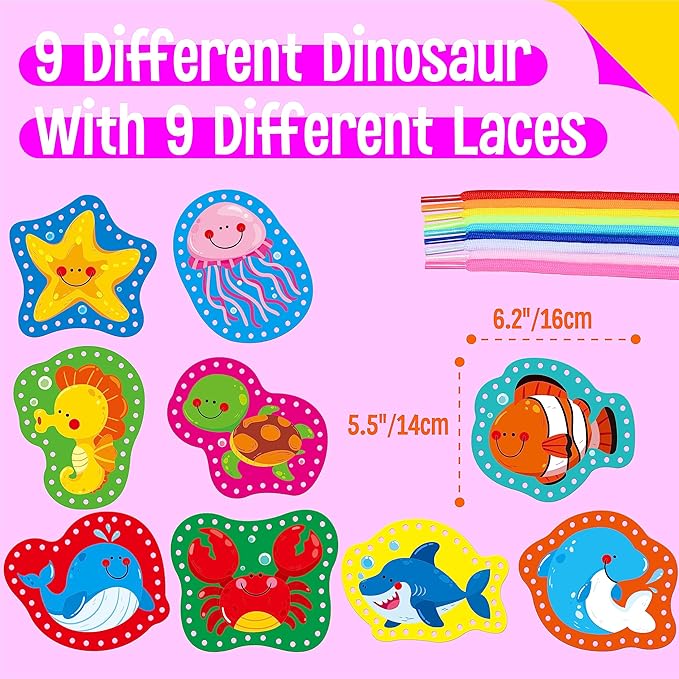 9 Pieces Kids Lacing Cards, Double Sided Sewing Cards in 9 Marine Animal Cards with 9 Colorful Laces, Imagination Development Lacing Toys Games for Children Educational and Learning Activity-CubbioJoy