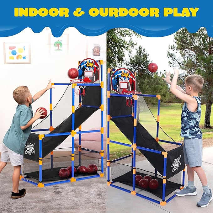 JOYIN Arcade Basketball Game Set with 4 Balls and Hoop for Kids 3 to 12 Years Old Indoor Outdoor Sport Play - Easy Set Up - Air Pump Included - Ideal for Competition-CubbioJoy