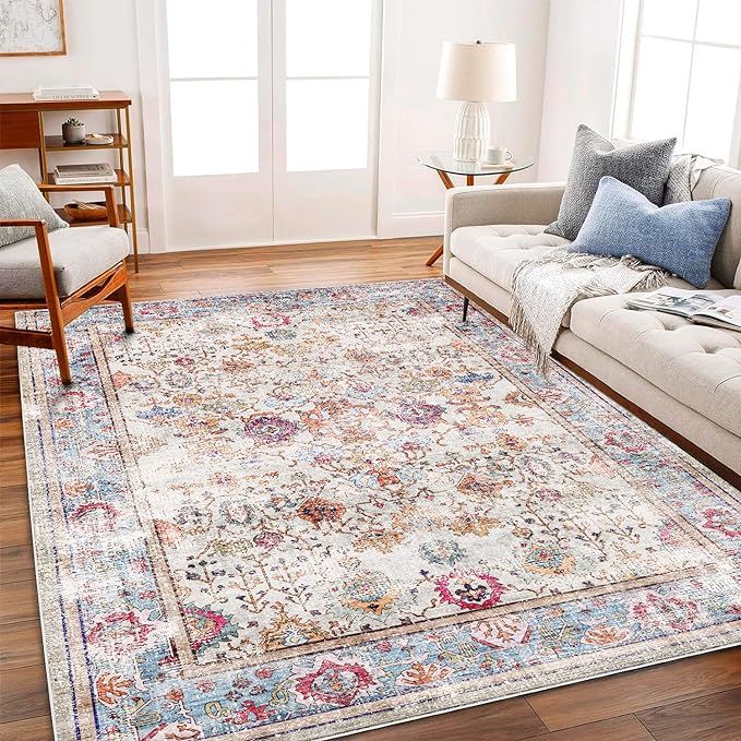 5'x7' Washable Vintage Area Rug Traditional Floor Cover Foldable Kitchen Accent Thin Rug Indoor Distressed Non Slip Carpet Floral Print Mat Bedroom Living Room Bathroom-CubbioJoy