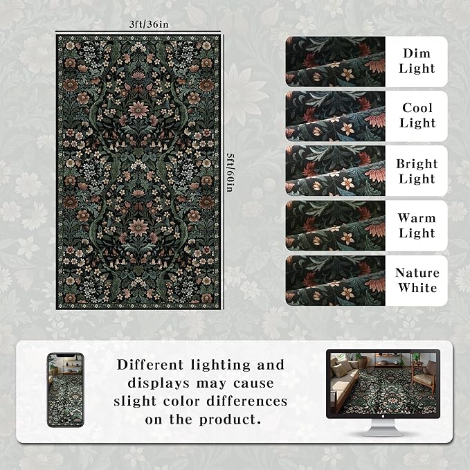 3x5 Black Boho Floral Vintage Area Rug,Soft Lightweight Low Pile Non-Shedding Carpet,Machine Washable Stain Resistant & Non-Slip for Entryway,Bedroom, Kids Room,Living Room-CubbioJoy