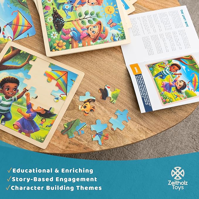 6 Educational Wooden Puzzles & Storybook, Teaches Kindness, Empathy & More – 6 in 1 Jigsaw Puzzle for Kids Ages 3-7 – Learn Real Values Through Stories – Montessori Puzzle Set 25 Pieces-CubbioJoy