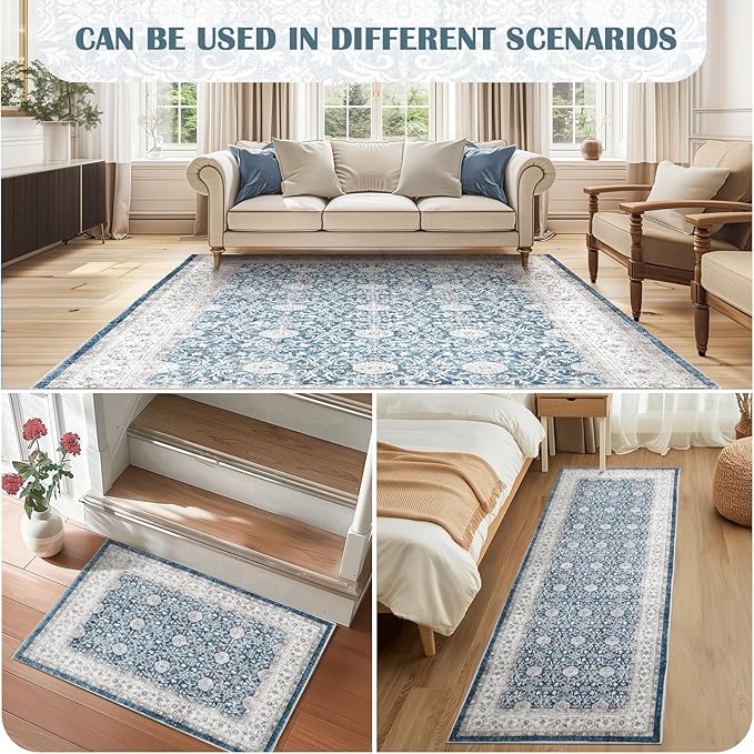 jinchan Floral 2x3 Rugs for Entryway - Machine Washable Dark Blue Vintage Distressed Boho Design Soft Faux Wool Small Non-Slip Doormat for Entrance Kitchen Living Room Bedroom (2‘x3',Dark Blue)-CubbioJoy