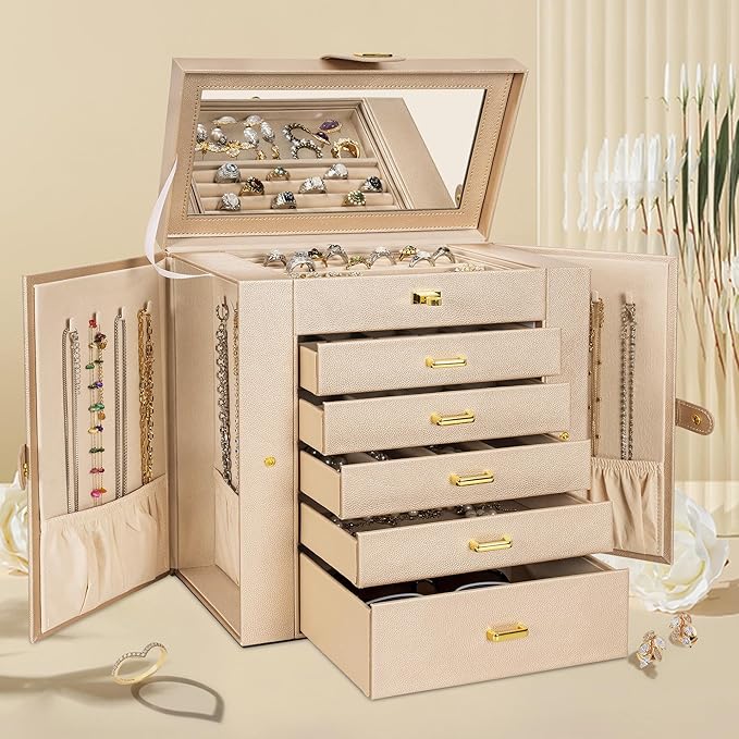 AKOZLIN Huge Jewelry Box Organizer Functional Extra Large Leather Jewelry Storage Case for Women Girls Ring Necklace Earring Bracelet Holder Organizer with Mirror-CubbioJoy