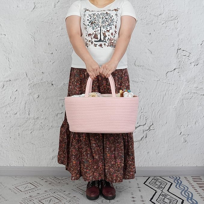 Diaper Caddy Organizer Cotton Rope Baby Basket Nursery Storage and Portable Tote Bag for Car Ideal Baby Shower Gifts and Registry Must-Have for Newborn Essentials large coral pink-CubbioJoy